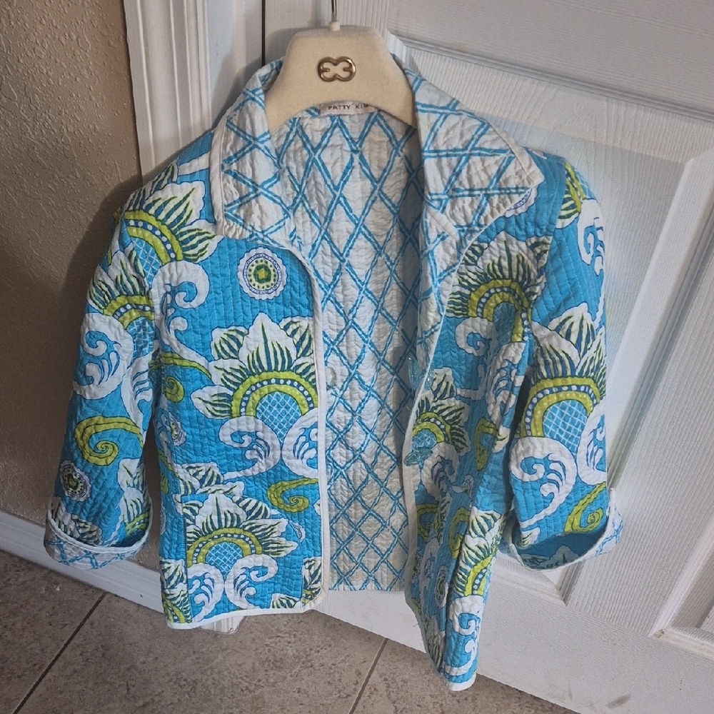 PATTY KIM Turquoise and White Quilted Jacket - Picture 3 of 5